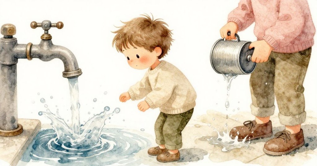 Alex走向戶外水龍頭，水花四濺映在他的鞋上與金屬罐中，展現清晨活力與園藝準備。