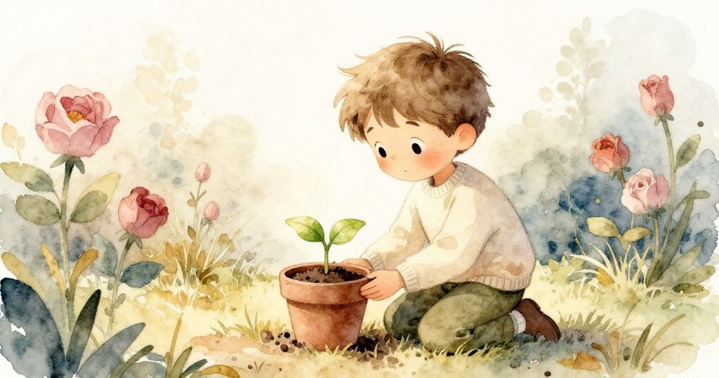 Alex蹲在花盆旁欣賞剛發芽的小苗，嫩綠葉子在晨光中閃耀，展現自然生長與希望。