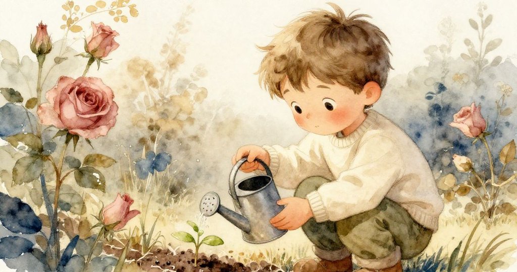 Alex用心灑水於小苗上，神情專注而溫柔，在寧靜花園中做出悉心栽培決定，充滿希望。