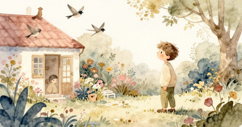 Alex靜靜欣賞花園全景，鳥兒飛舞過屋頂，寧靜環境中展現努力結果，畫面充滿祥和與滿足感。