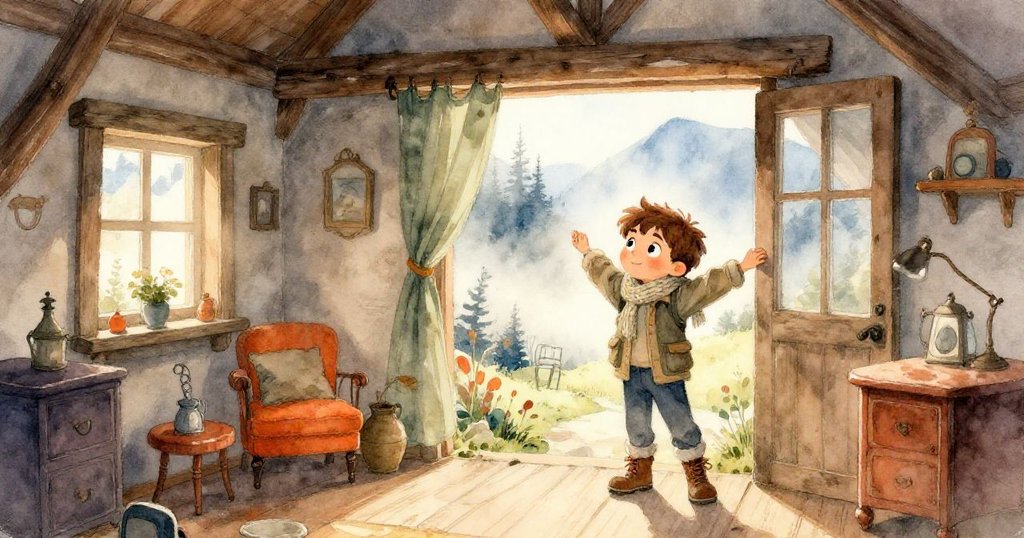 Liam在山中小屋醒來，晨光透過霧氣照進房內，他伸展身體，展現期待與好奇，開始他的冒險旅程。