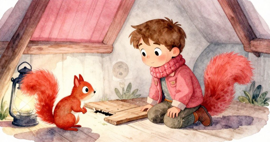 小松鼠視角下，Liam蹲著檢查鬆動地板，燈籠落地閃爍光芒，室內溫暖中充滿神秘探索的氣氛。