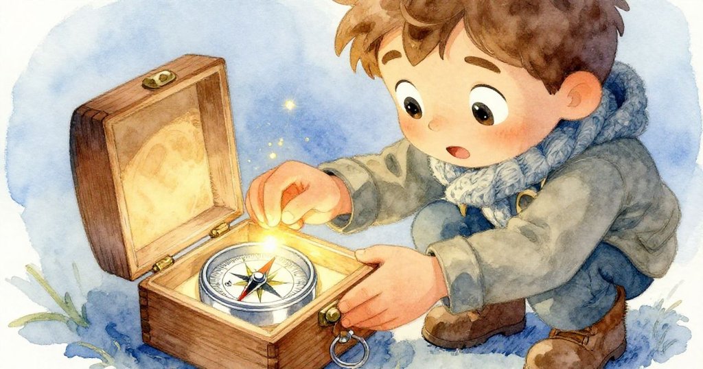 Liam細心打開微小木盒，發現閃亮銀色指南針，神秘符文隱約可見，臉上寫滿驚奇與期待。