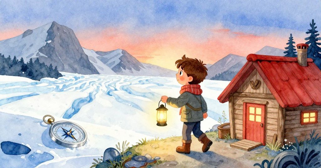 Liam攜帶發光燈籠與神秘指南針走出小屋，雪地上留下清晰足跡，溫馨小屋背後迎向廣袤冰川。