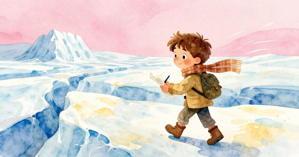 Liam走進耀眼冰川，邊行走邊在筆記本上記錄冒險點滴，風中展露自信笑容，開啟未知旅程。