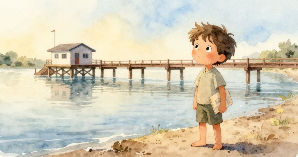 Leo站在寬闊的河口邊，手握筆記本，望著溫暖海水與碼頭，表情沉穩充滿期待。