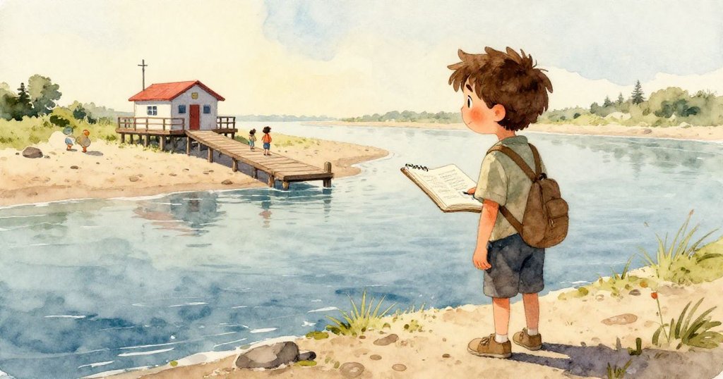 Leo的腳輕輕踏在潮濕木板上，貝殼碎片隨著步伐發出細微聲響，展現自然與細節的美感。