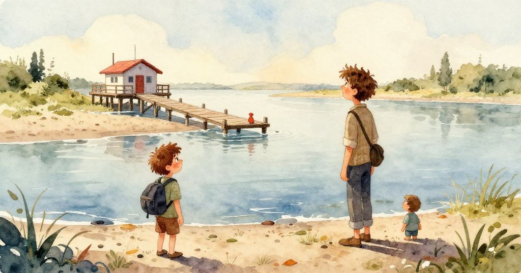 橘色救生艇被海浪托起擺動，旁邊遊客撐著鮮豔傘子追趕，呈現時間流轉與動感的海邊場景。