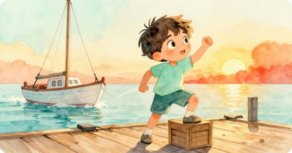 Leo爬上低箱子取得更高視角，專心繪製橘色救生艇的曲線，動作活力四射，面露堅定與專注之情。