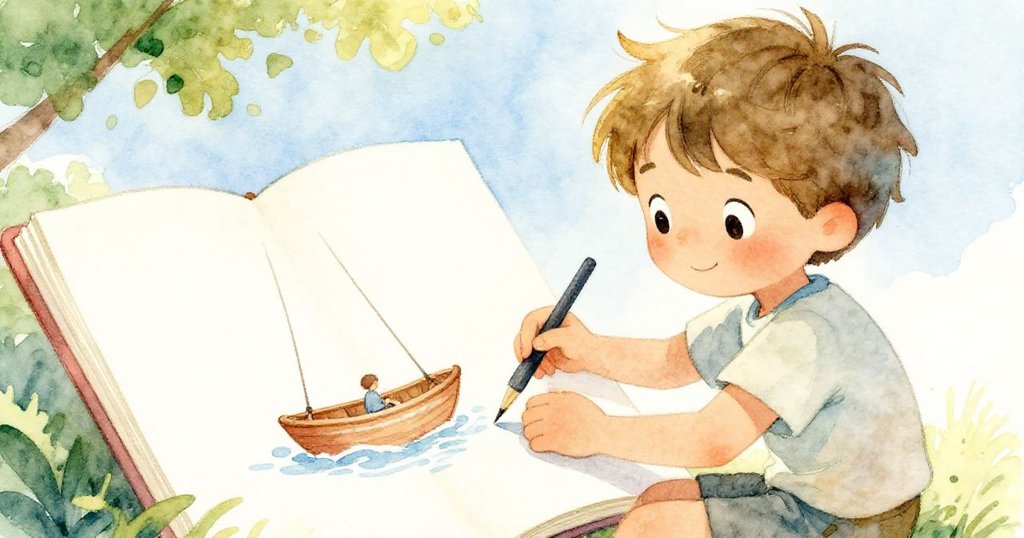 Leo合上筆記本，臉上露出滿足微笑，筆記本上畫有擺動的救生艇，完美記錄一天驚險與創意的瞬間。