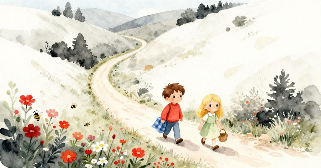 山谷上空視角,山姆與莉莉步入花海,互動自然,表情輕鬆好奇,展現故事開頭探索美景。