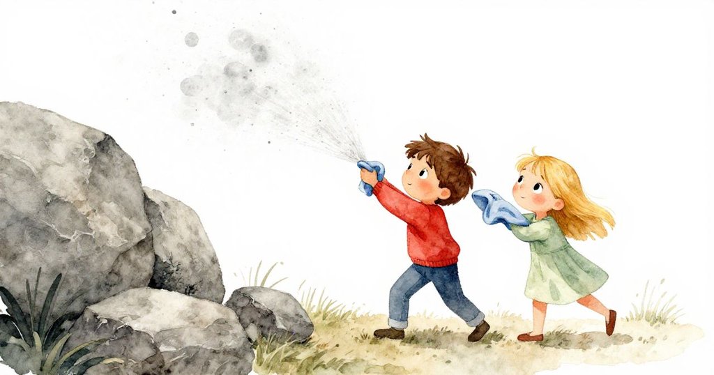 傾斜視角中,山姆與莉莉急速搖晃藍色毛毯驅散微粒,動作生動,氣氛緊張,展現轉折高潮。