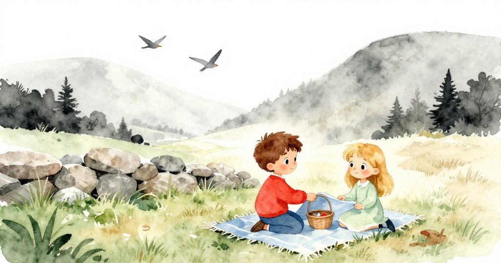 寬闊場景中,山姆與莉莉在柔軟草坪上鋪藍色毛毯,鳥兒翱翔,表情平和,展現故事中段的寧靜與準備。