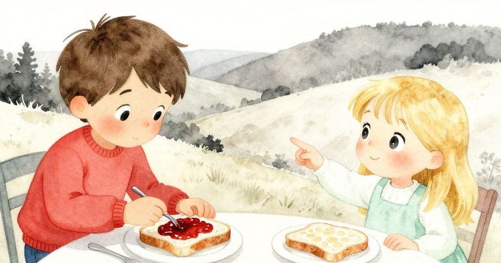 近景畫面中,山姆專注塗抹果醬於麵包上,莉莉指向寧靜山谷,臉上展現滿足與溫馨,故事圓滿收尾。