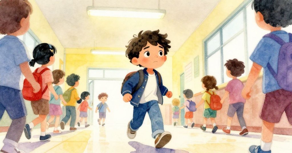 低角度視角展現伊萊斯堅定邁步穿越人群，光影交錯下臉上充滿決心，走廊背景生動動感