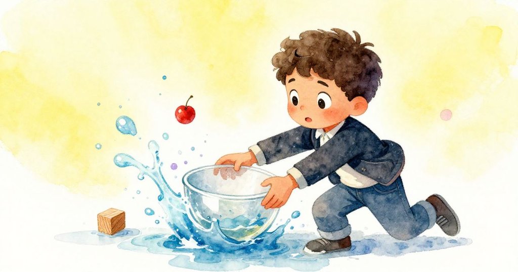 伊萊斯在擁擠走廊中遭遇碰撞，奮力穩住傾斜展品，水花與菌孢飛舞呈現緊張動態