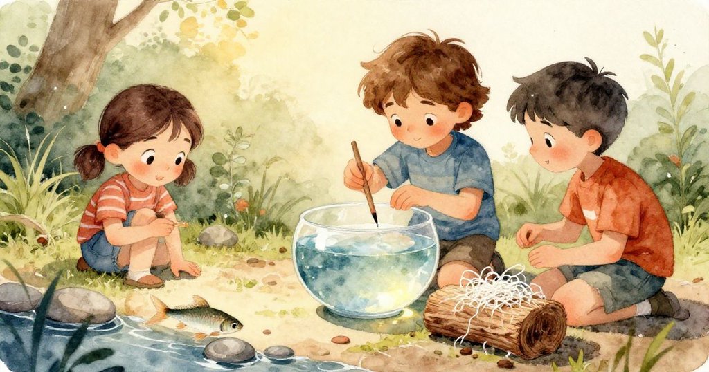 體育館中展覽台上科展作品煥發生機，樹塊綻放菌蕾銀魚悠游，營造奇幻轉變與溫馨結局