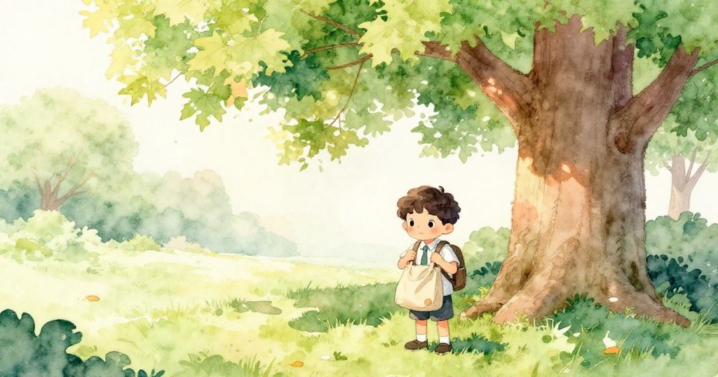 Kai在早晨公園調整帆布背包，背景有壯麗老楓樹與晨露，展現開端的期待與美好。