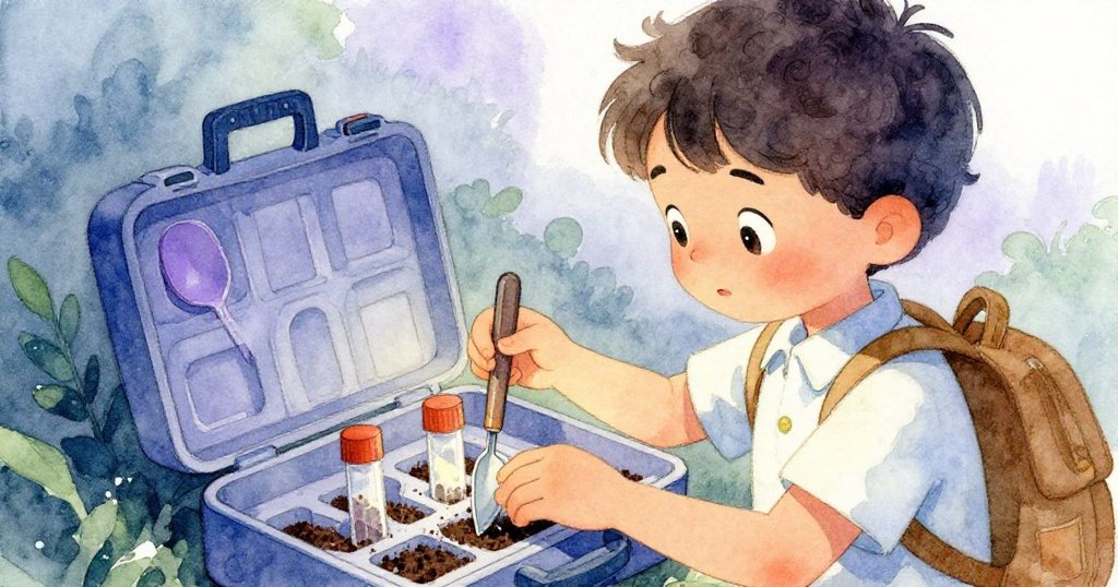 Kai聚焦於打開工具箱，展示小瓶、鏟子和刻度儀，充滿認真準備與細節的氛圍。