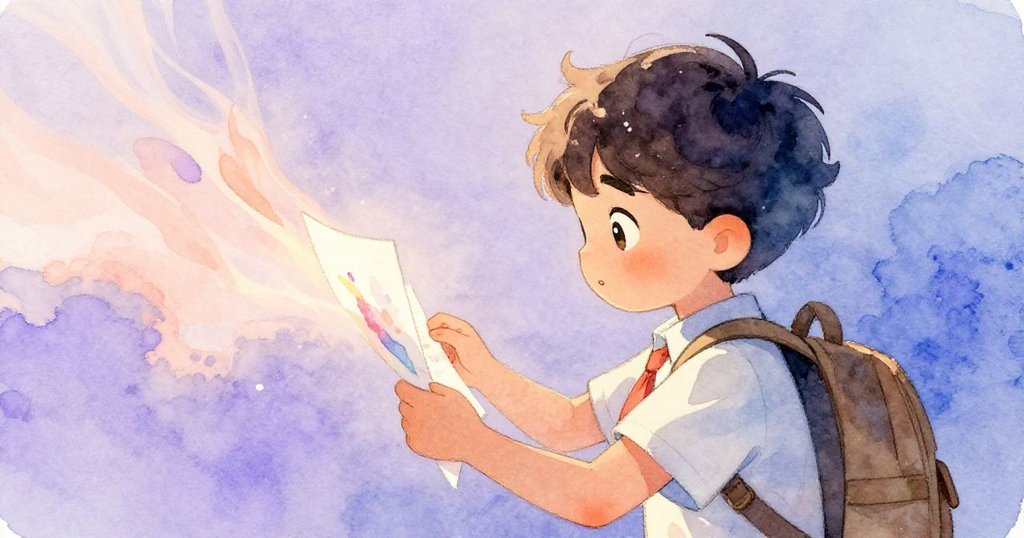 Kai在樹蔭下觀察筆記本頁面被風吹動，濕潤痕跡變幻出色彩條紋，充滿驚奇與探索。