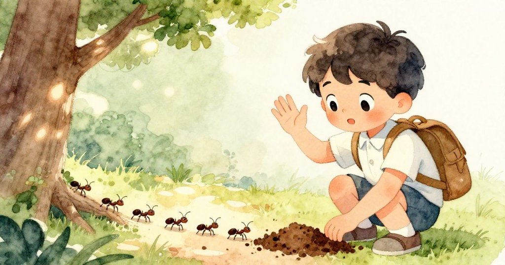 Kai觀察樹根下的螞蟻，輕輕揮手驅趕後重新採集土樣，展現出探索中的好奇與細膩互動。