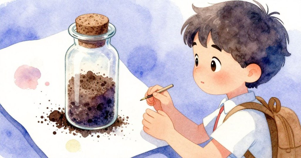 Kai靜觀保存土壤樣本與染上色彩的筆記本頁面，象徵自然數據與故事交織，展現完成與沉思。