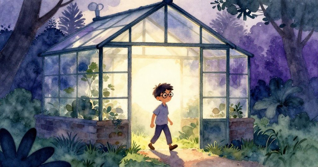 Marco在晨光中解鎖溫室門,走進朦朧的溫室,臉上滿是期待與好奇