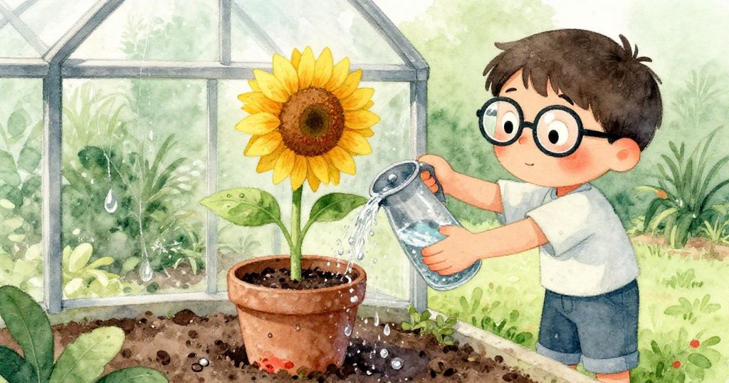 Marco在溫室內細心澆水,小向日葵在再生花盆中生長,手中水滴閃爍著清晨的光