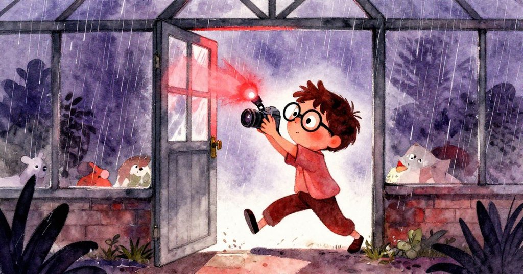 Marco在雨中急忙關門,眼神專注並顯焦急,相機閃紅光,風雨中展現堅定決心