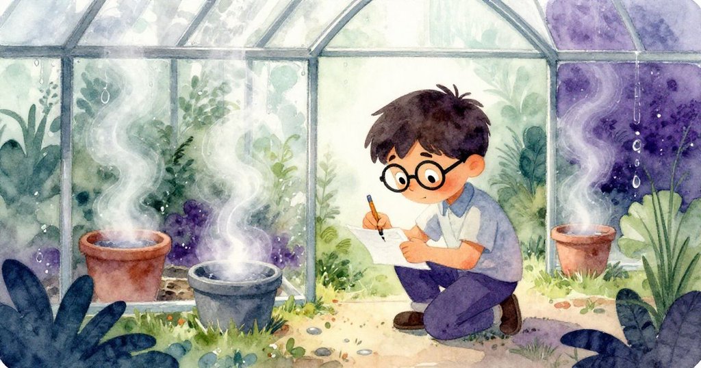 Marco在潮濕溫室內蹲著畫圖,水氣從花盆和玻璃牆滑落,表情專注記下眼前的景象