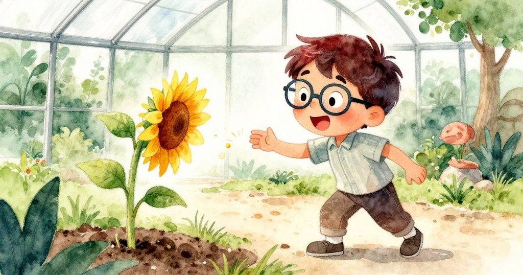 Marco發現小向日葵傾斜落下一滴金色露珠,迅速揮筆修飾素描,充滿驚喜與活力