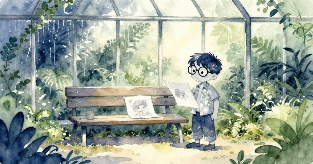 Marco站在溫室內,滿意地看著乾透在長椅上的素描,水珠滑落,氣氛寧靜溫暖