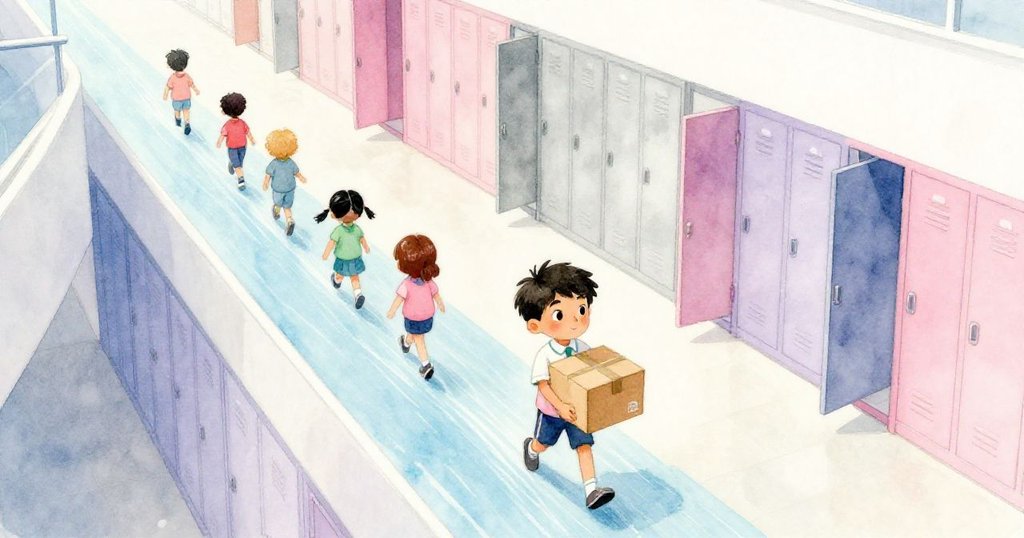 Marcos在學校走廊中攜帶專案盒,從上方看見櫃子敞開和學生如流水般穿行,神情充滿期待。