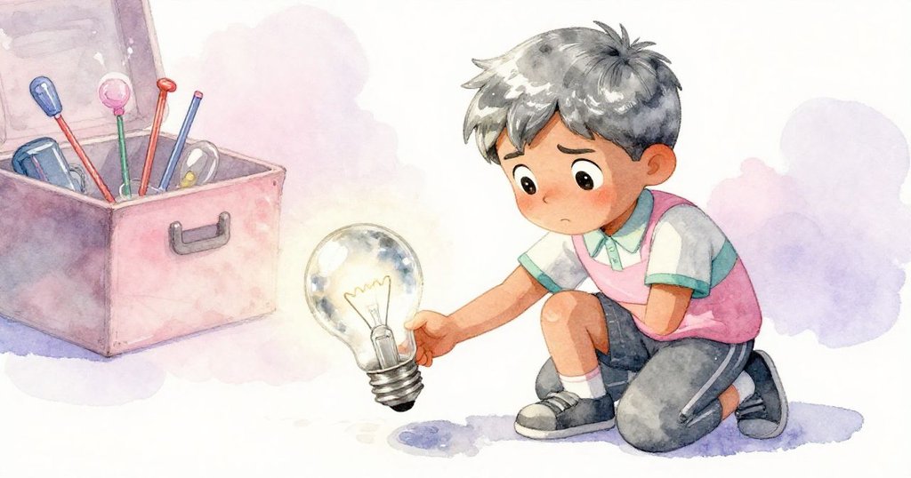 Marcos蹲下從口袋拿出閃亮舊燈泡,準備反射光線到實驗盒上,背景隱現實驗細節,神情專注。