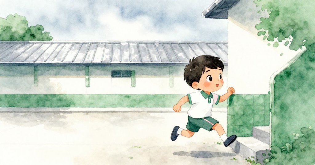 Marcos穿越側樓梯趕往空曠庭院,背景有灰雲及健身房屋頂,神情展現急促與期待。