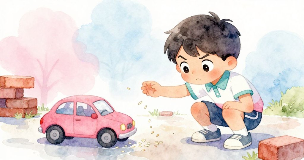 Marcos蹲下撥開磚上米粒,目光專注看著小車轉動,展現出勇敢與堅持,環境略帶濕潤。