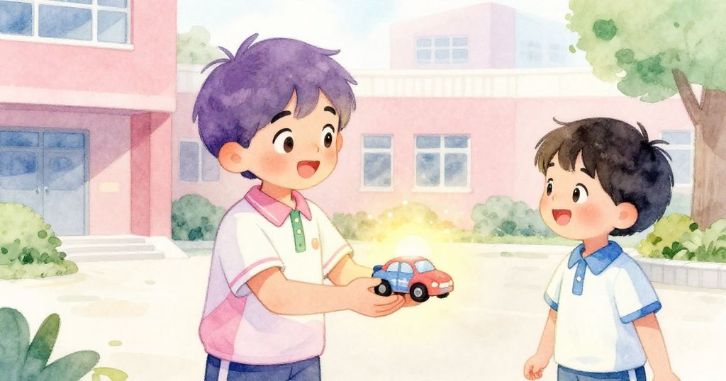 Marcos滿懷驕傲將小車遞給微笑朋友,兩人在現代校園庭院共享成功喜悅,場景充滿溫暖光芒。