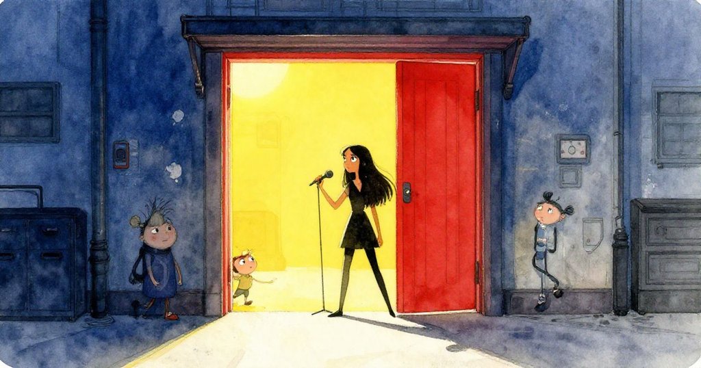 米拉站在明亮背景下的老舊地下室門前，手持麥克風，充滿期待與決心，展現故事開始的氛圍