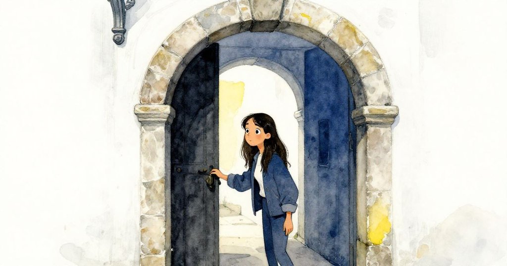 米拉推開厚重的門，露出狹長通道通向石室，古老拱門與白牆交織出現代與歷史對比的場景