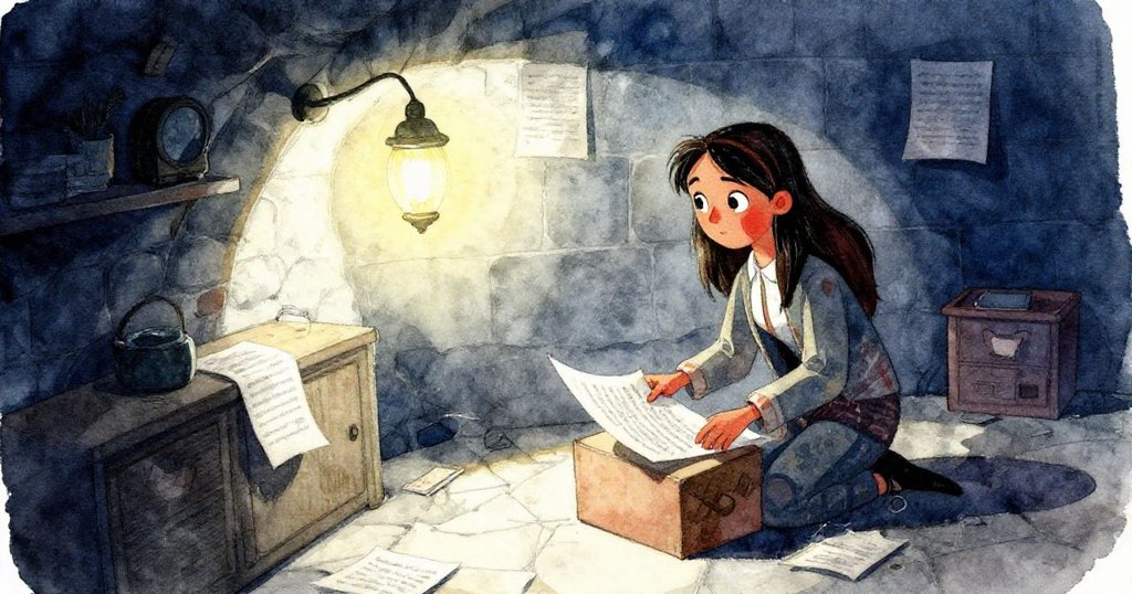 米拉在石室中小心放置手稿，參雜著燈光下深邃的影子、散落的紙張以及神秘氣氛，充滿專注與緊張感