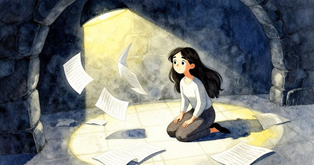 米拉在石室中跪著撿拾被風吹散的手稿頁面，從高處俯瞰展現混亂及堅定情緒，燈光投下長影