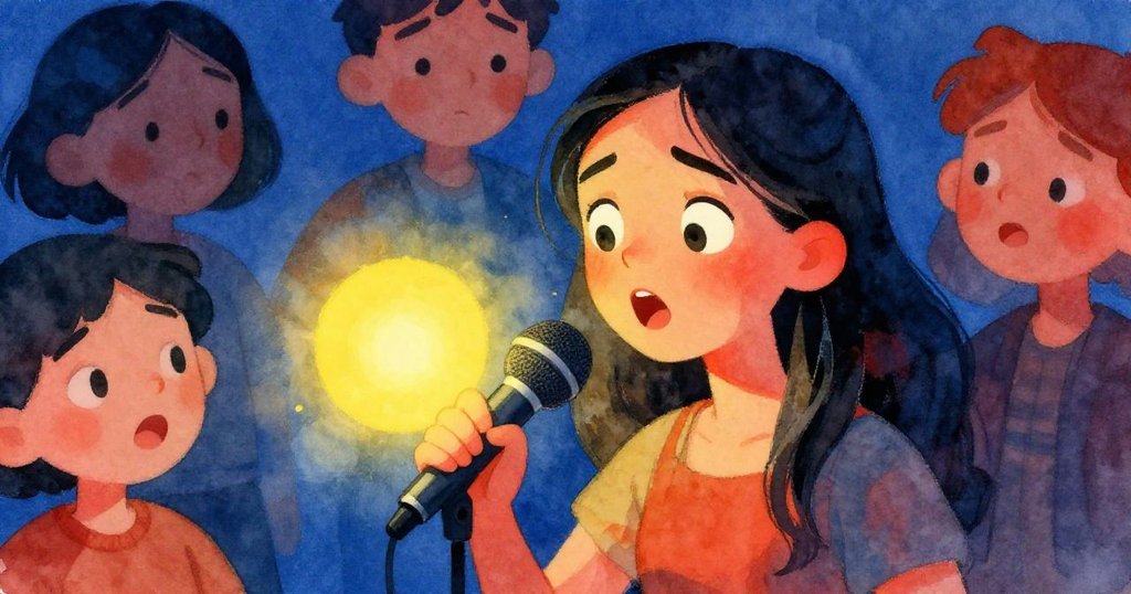 米拉專注面對發光麥克風，深情說話時神情堅定又驚喜，錄音回放中帶來意外高潮