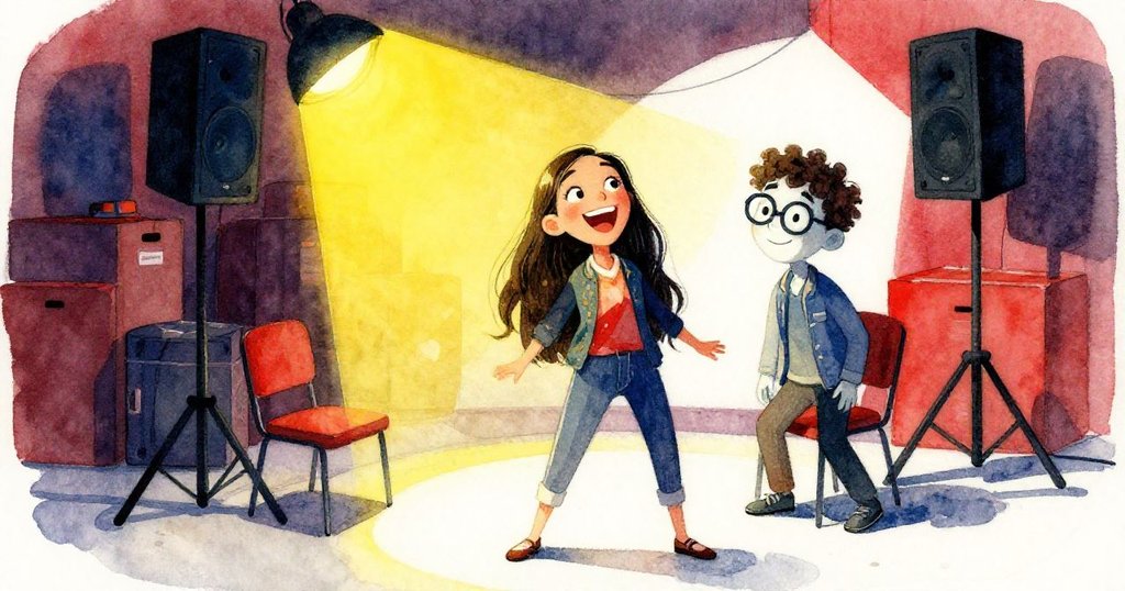 米拉與胡果在穩定燈光下並排站立，胡果從箱子後探出身影帶著歉意微笑，米拉輕鬆大笑結束故事