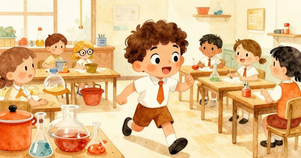 Milo興奮走進明亮溫暖的科學室,背景展示忙碌器具與同學,充滿期待與活力。
