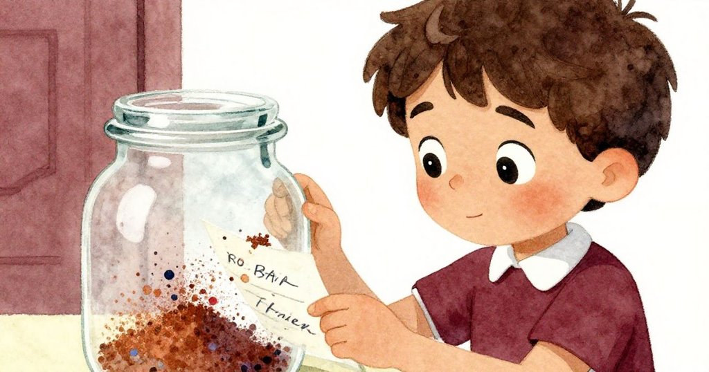 Milo專注檢查透明瓶與手寫食譜,周圍食材散落,象徵學習與信心的開始。