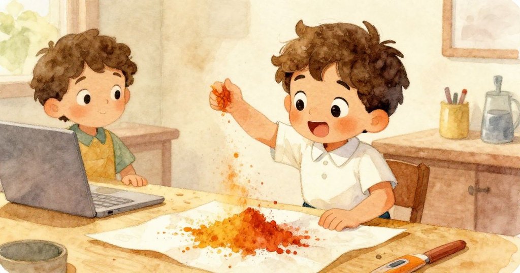 Milo在工作台前灑落彩色粉末於蠟紙上,背景隱約見同學,呈現實驗熱情與動感。