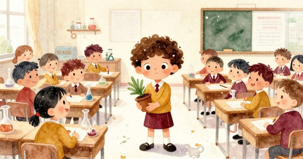 Milo專心操作實驗,麵粉如初雪飄落,同學攜帶沙漠植物走過,充滿秋意與創意。