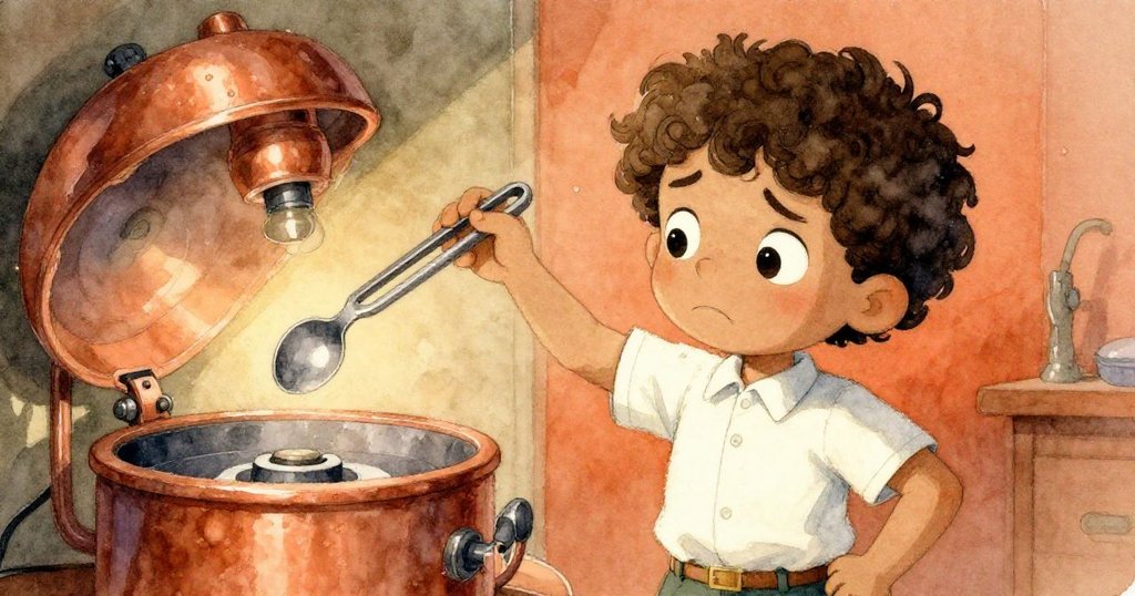 Milo面對故障離心機,用長夾子取出彎曲湯匙,神情堅定展現克服挑戰。