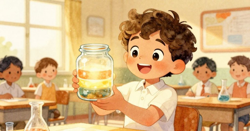 Milo滿足微笑舉起成功旋轉瓶,窗邊溫柔光線映照,自豪與平和在實驗室中展現。