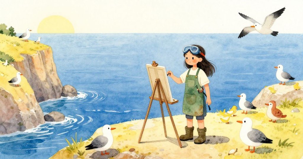 Jade在懸崖邊搭起畫架,周遭海鷗飛舞,背景有廣闊藍海,充滿活力與期待,展開創作之旅。